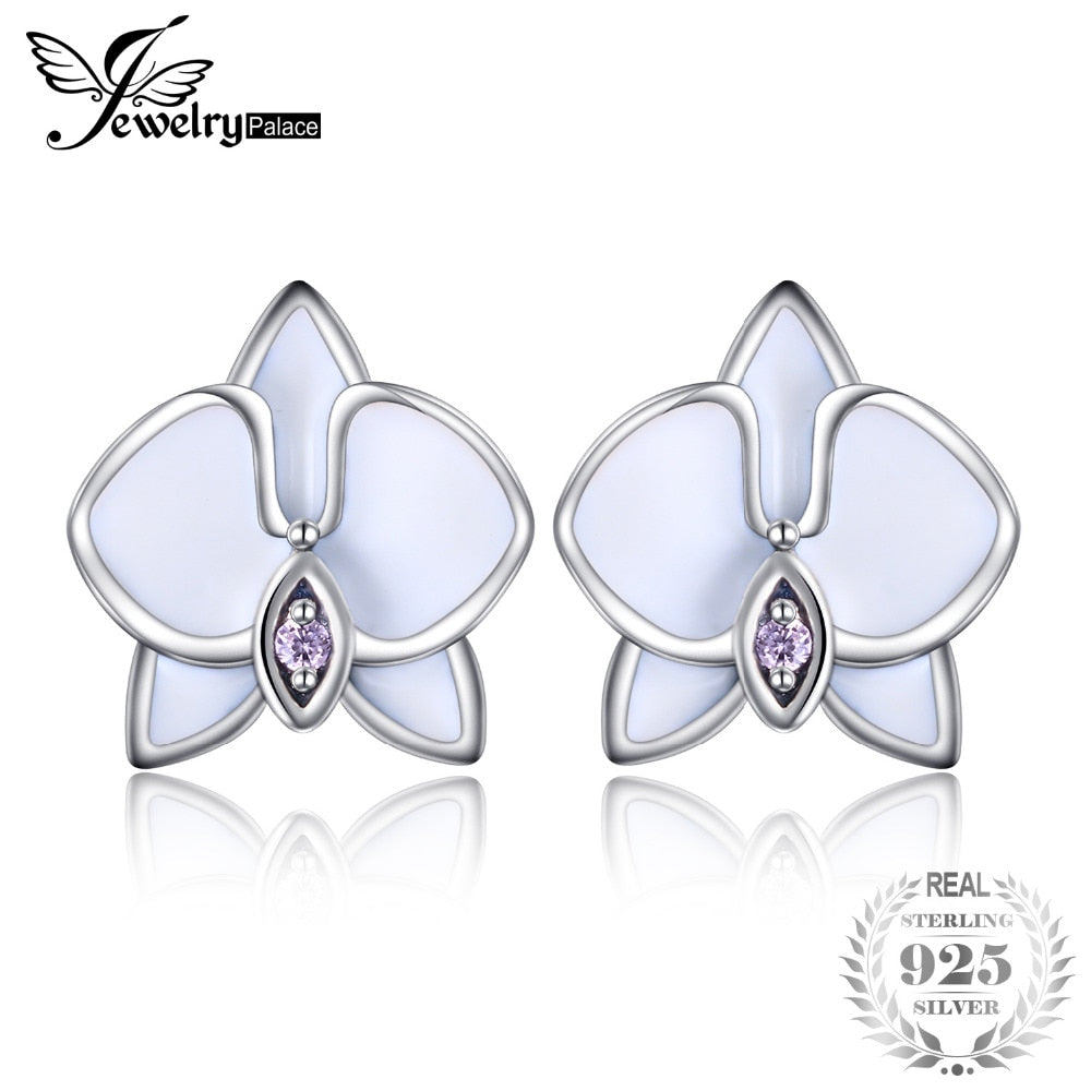 Jewelrypalace 925 Sterling Silver Earrings Stud Earrings  White Enamel Orchid Flower Plant Unique Design Anniversary Gifts