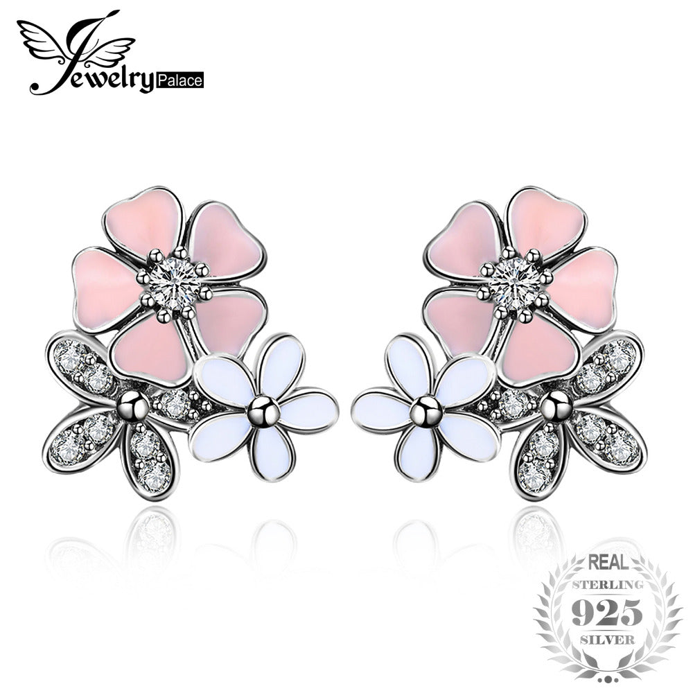 Jewelrypalace 925 Sterling Silver Earrings Stud Earrings Enamel Magnolia Party Colorful Flower Cubic Zirconia Fine Jewelry