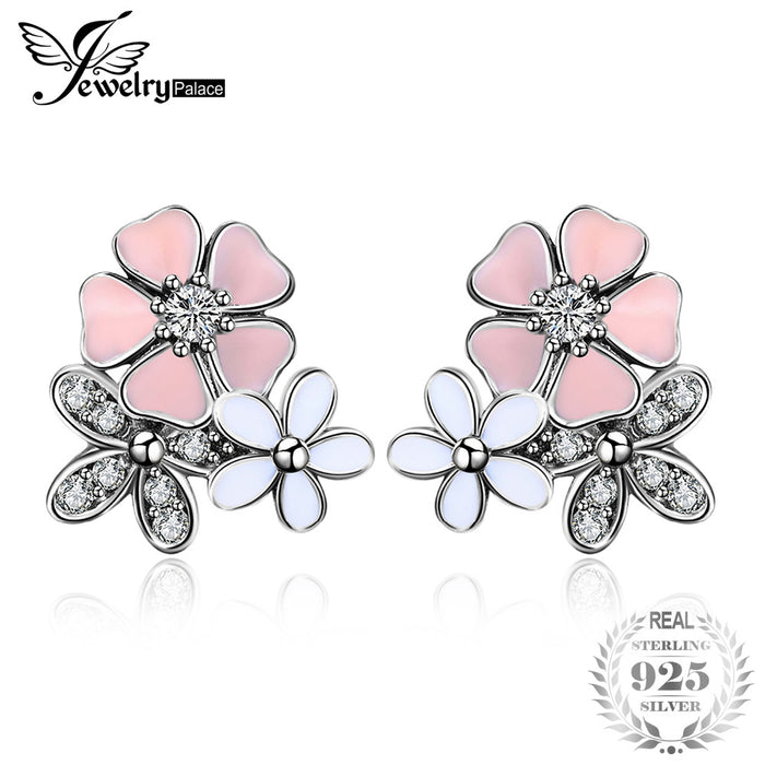 Jewelrypalace 925 Sterling Silver Earrings Stud Earrings Enamel Magnolia Party Colorful Flower Cubic Zirconia Fine Jewelry