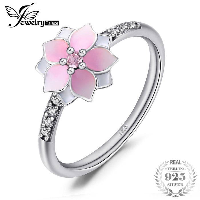 Jewelrypalace 925 Sterling Silver Rings Flower Magnolia Cubic Zirconia Gradient Pink Enamel Cocktail Ring Fine Jewelry Gifts