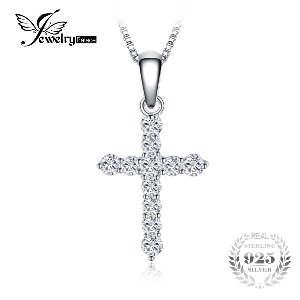 JewelryPalace Cubic Zirconia Cross Pendant Necklace Real 925 Sterling Silver Jewelry 18 Inches Chain Fashion Necklace Gift