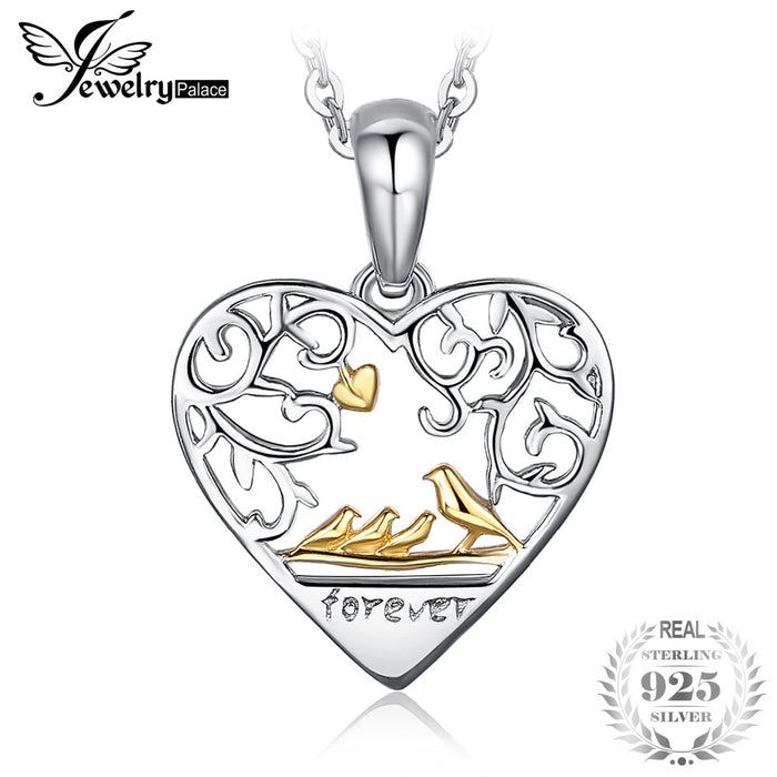 JewelryPalace Genuine 925 Sterling Silver Birds Hollow Heart Family Pendants For Women Trendy Fine Jewelry Not Include the Chain